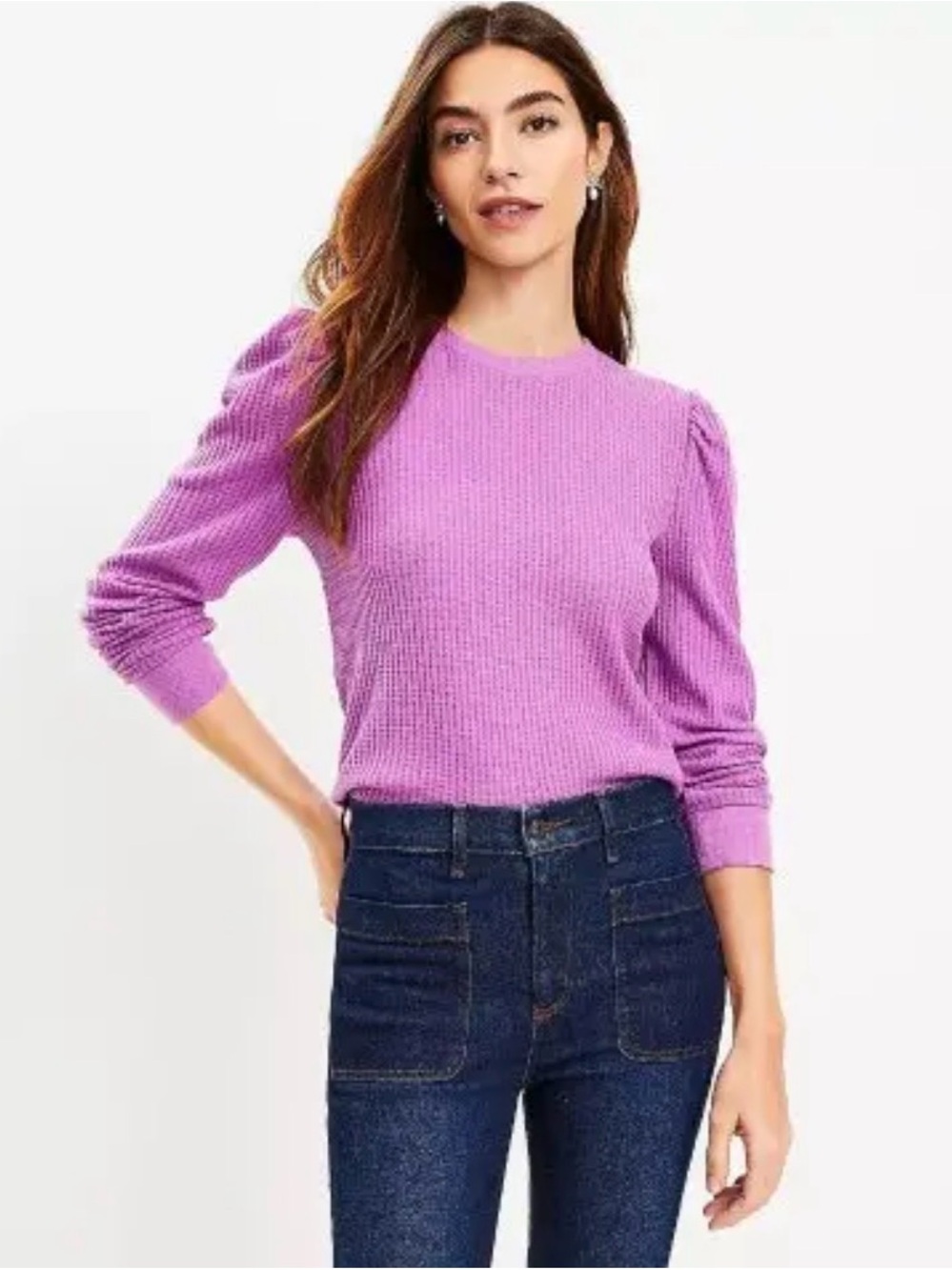 Women's Ann Taylor LOFT XS puff sleeve Knit Sweater top shirt blouse purple pink